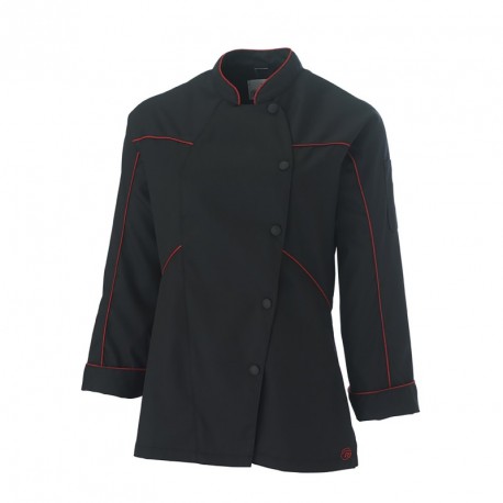 Veste de Cuisine Noir & Rouge AZOTSHOW Femme Manches Longues